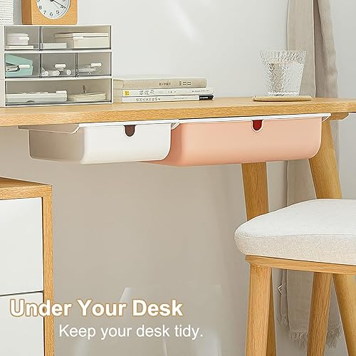 Miniatura 4 de Paquete de 2 cajones debajo del escritorio, organizador autoadhesivo grande y mediano para debajo del escritorio, caja de almacenamiento oculta