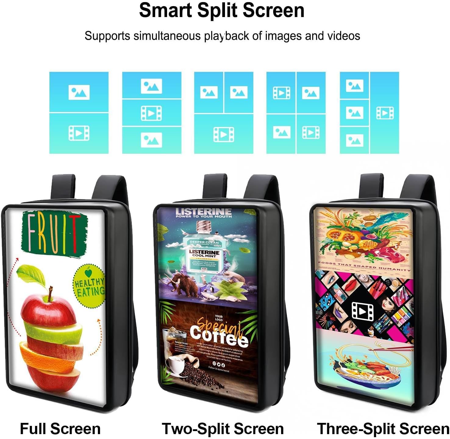 21.5 Inch Touchscreen Advertising Backpack, 1000nits High Brightness LCD Screen Backpack, IP65 Waterproof Digital Signage Backpack with USB/App/CMS Input for Auto Playback, Split Screen, Android 11OS