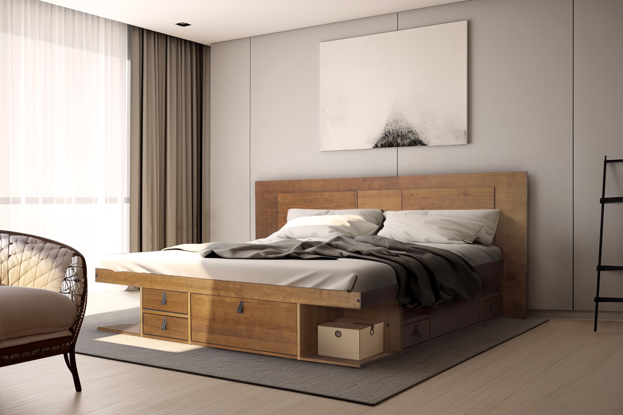 memomad Bali Slim Set: Storage Platform Bed with Drawers + Flat Panel Headboard (King Size, Oak Brown Wood)