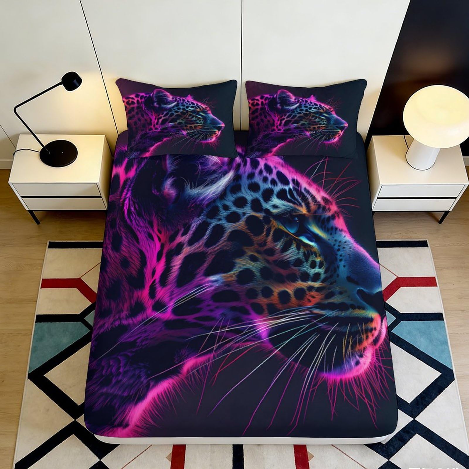 3D Printed Neon Leopard Fitted Sheet Microfiber Soft Decor Panther Bed Cover for Bedroom Guest Room Protection 90x200x25cm