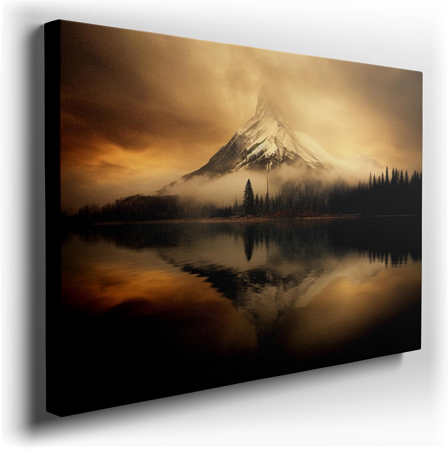 Canvas for Living Room. Reflections of Tranquility: A Snow-Capped Mountain Embraced by Golden Skies, 27 x 18 inch Canvas Wall Art - Contemporary Masterpieces - Modern Home Decor