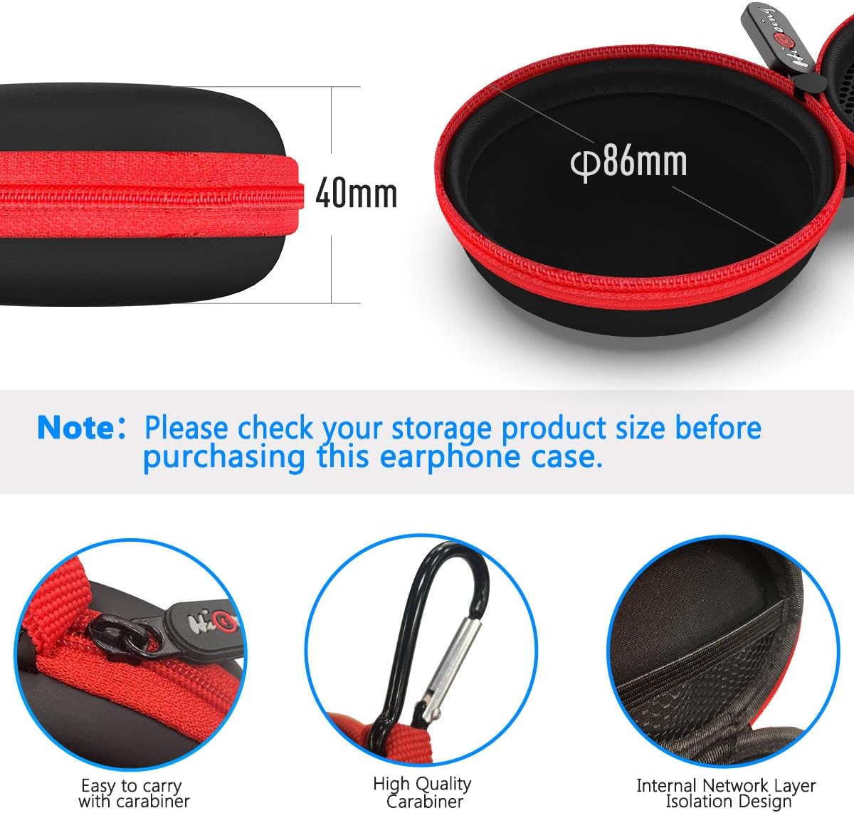 An image detailing the dimensions of the case and close-ups of its features: an easy-to-carry zipper with carabiner, a high-quality carabiner, and an internal network layer (mesh pocket).