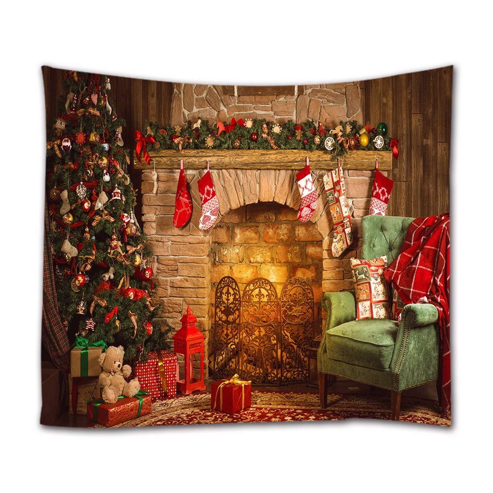 A.Monamour Christmas Interior Room Fireplace Socks Gift Hanging On Pine Tree Holiday Decors Print Fabric Wall Hanging Tapestry Wall Decors For Bedroom Living Room 180X230Cm/71 X90