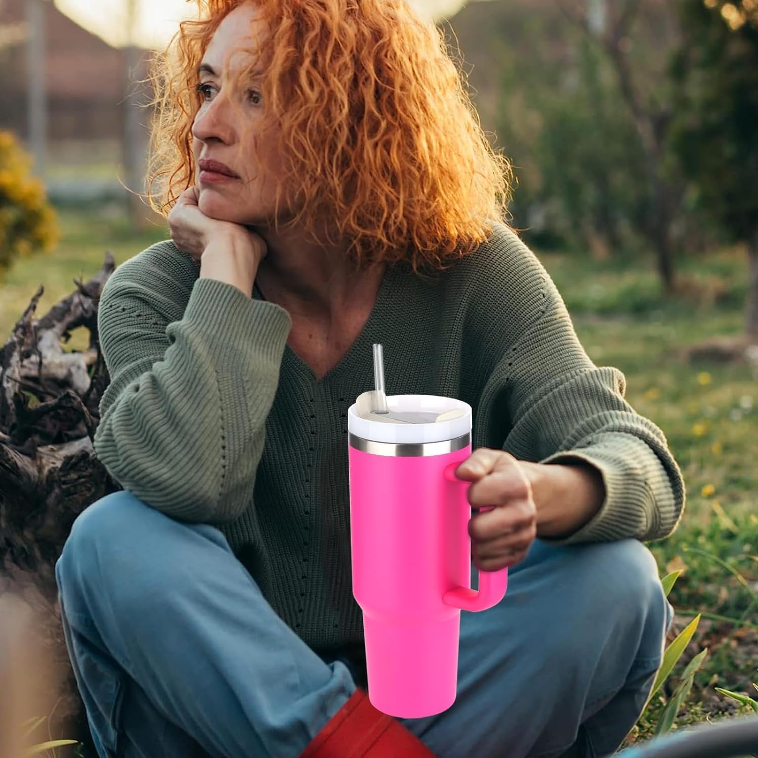 +Bella 40 oz Tumbler with Handle and Straw Lid. Insulated Cup Reusable Stainless Steel Water Bottle Travel Mug Cupholder Friendly. Gifts for Women Men Him Her. Trek Collection. Pink image 4