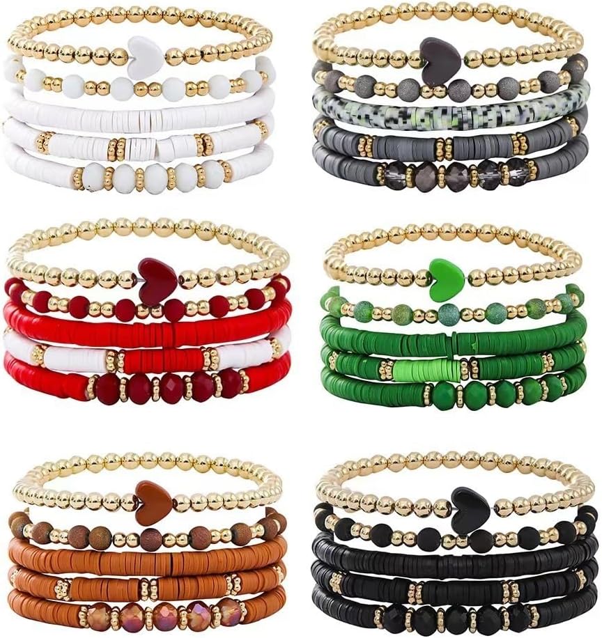 Stackable Bracelets for Women Bohemia Heart Clay Bracelet Stack Set Colorful Surfer Heishi Beaded Stretch Party Holiday Boho Jewelry - Image 3