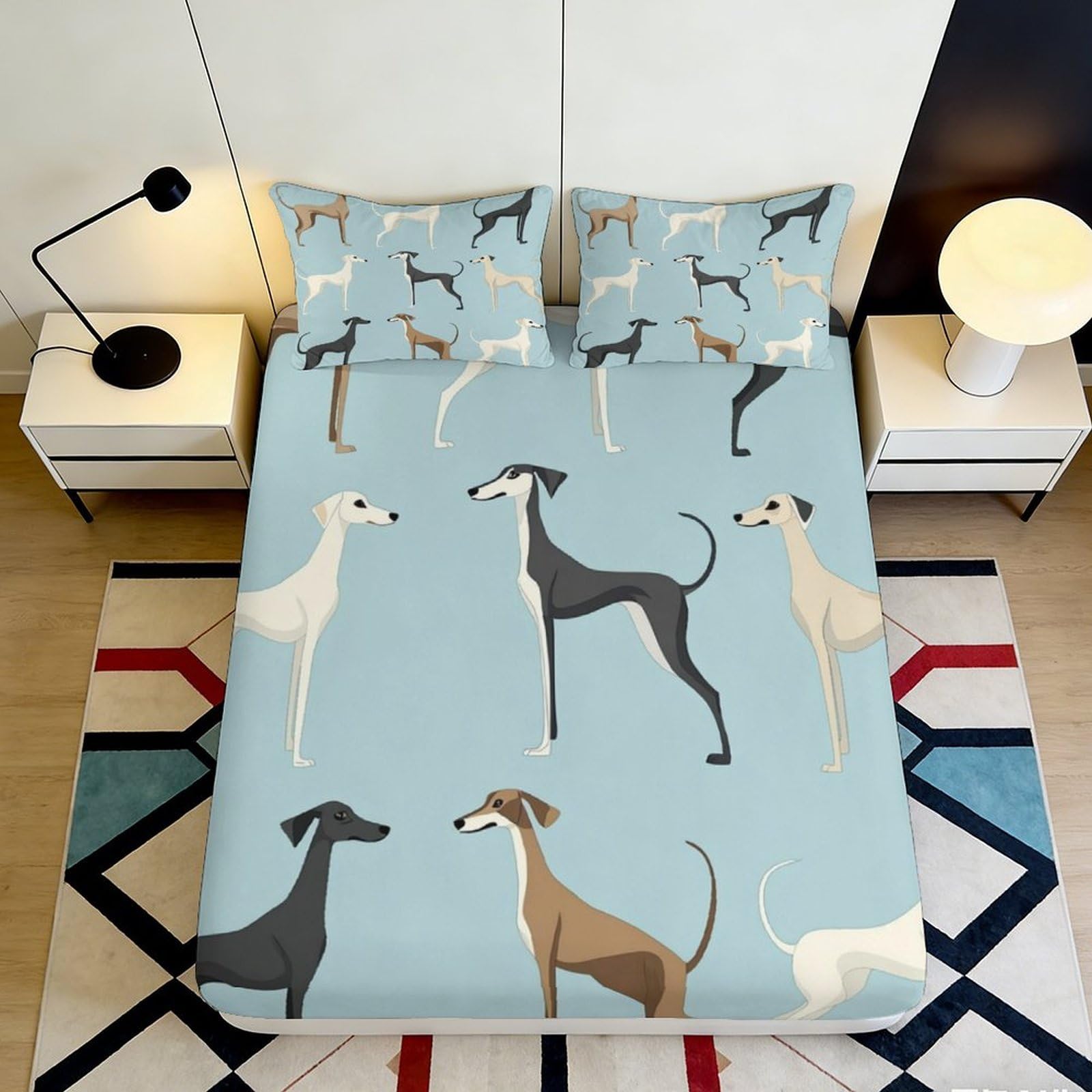 3D Printed Greyhound Decor Fitted Sheet Microfiber Deep Pocket for Bedroom Bedding Greyhound Mattress Fitted Cover 140x200x25cm
