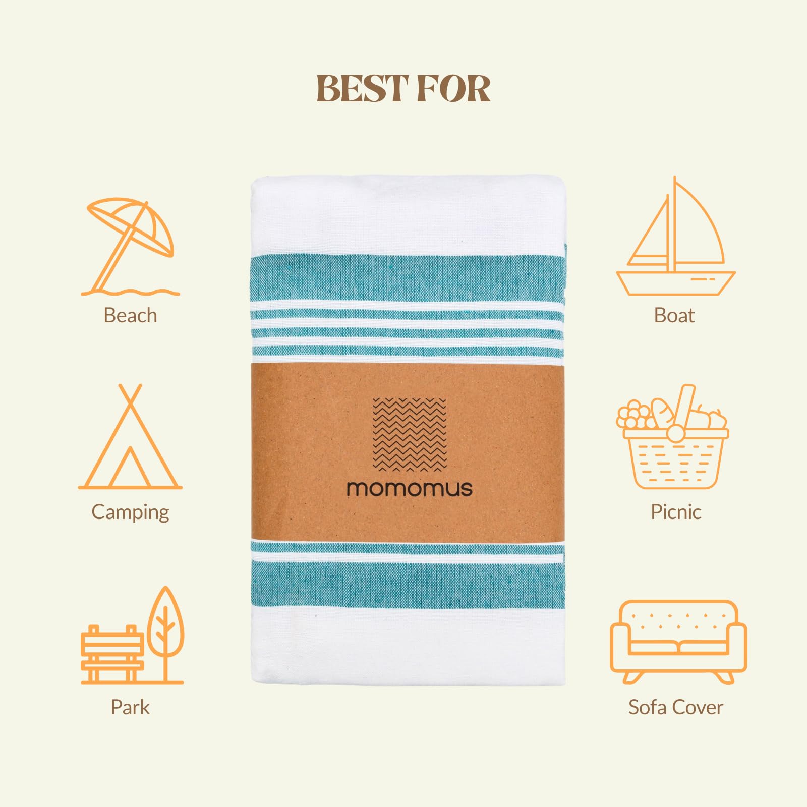 MOMOMUS Stuoia da Spiaggia Stile Fouta XXL o Telo da Picnic - Finitura Boho, Leggera e Versatile - Ideale come Coperta da Picnic o Telo Mare Grande Antisabbia - Verde Mare, 210 x 240cm