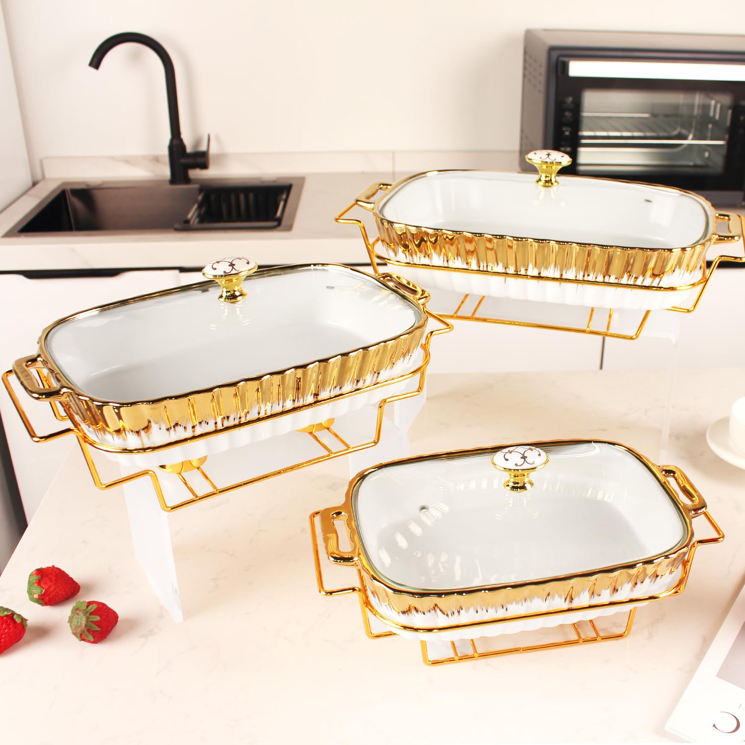 Cazuela de cerámica para hornear con tapa de vidrio y estante dorado, sartén de lasaña de 14 pulgadas de profundidad para horno, bandeja para hornear de 28 onzas con asas, apta para horno y