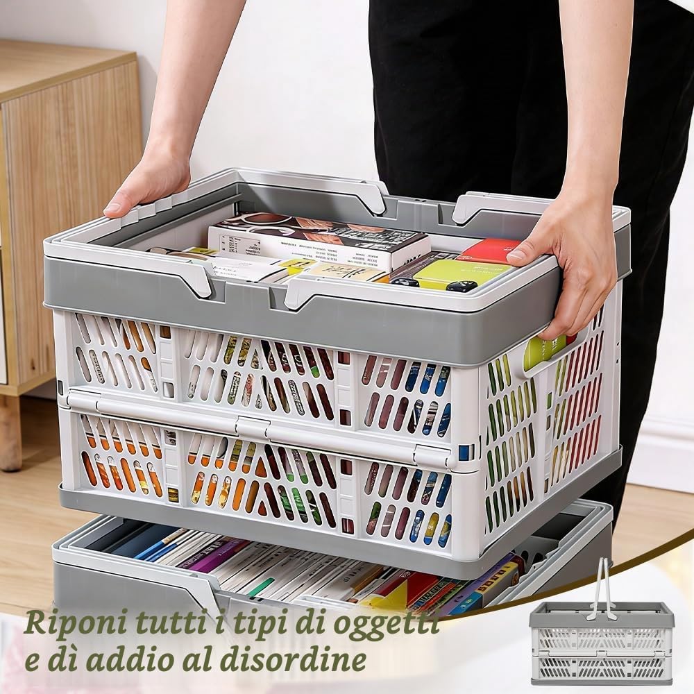 2 Pezzi Cassetta Portaoggetti Pieghevole con Manico (38x25x20cm) | per Cucina Bagno Ufficio Campeggio Viaggi Picnic, Cestino per la Spesa Pieghevole, Scatola Portaoggetti Pieghevole