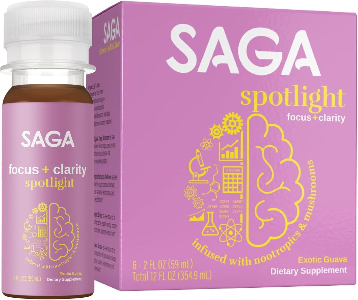 SAGA Spotlight Organic Focus Shots  Disparos nootrópicos con bacopa, ashwagandha y melena de león  Cero azúcar, 2 calorías, tamaño de viaje