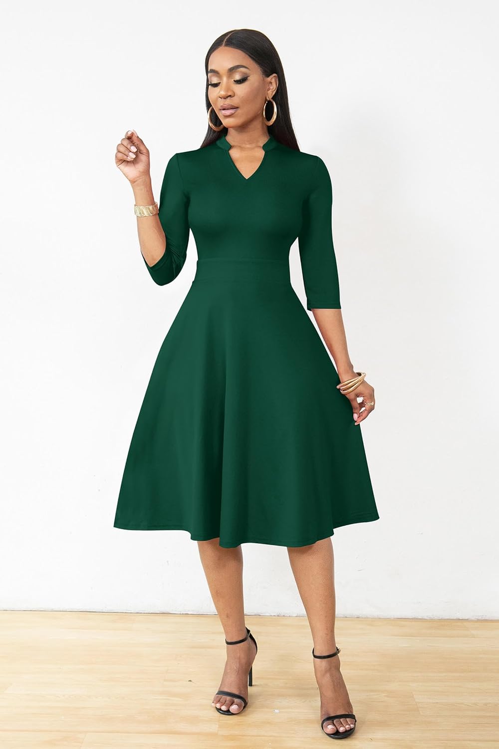 AOMONI Church Dresses for Women 3/4 Sleeve Fit and Flare Church Dress Knee Length Midi Dresses - Image 3