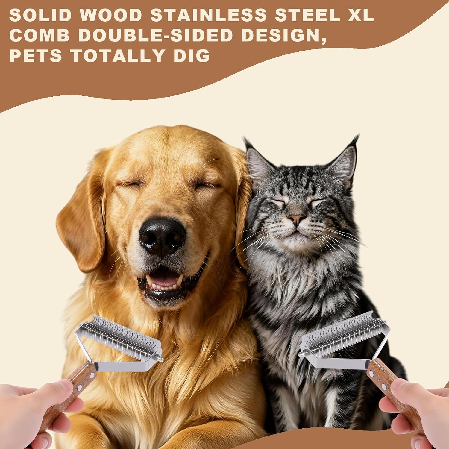 Extra Large 2-Sided Wooden Pet Comb for Dogs & Cats - Professional Deshedding & Dematting Tool, Undercoat Rake for Long & Short Hair, Natural Grooming Brush for Shedding Control