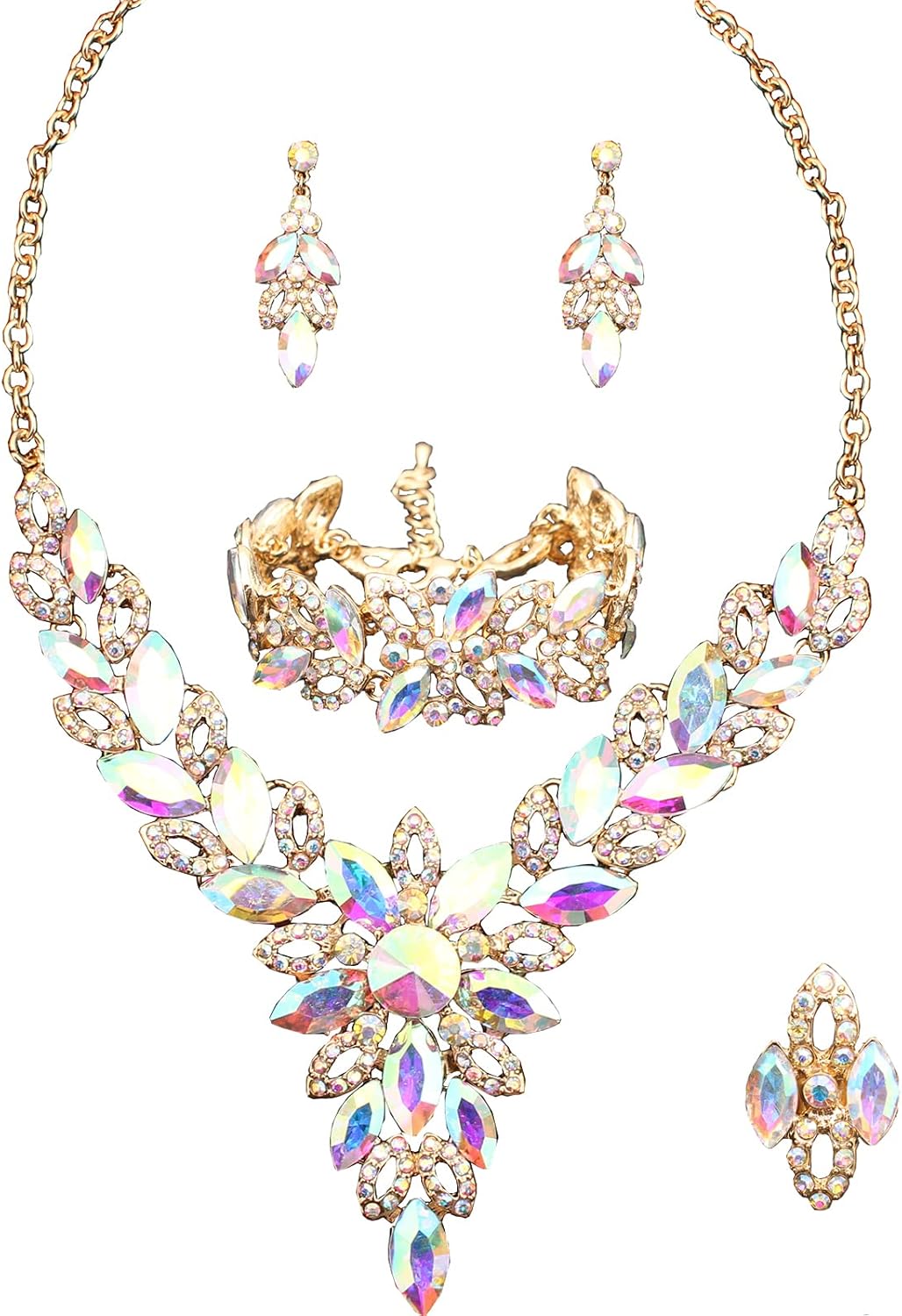 Jewelry Set for Women, Statement Necklace Dangle Earrings Link Bracelet Ring, White/KC Gold Plated Jewelry Set with Rhinestone Crystal Wedding Party Jewelry for Bridal Bridesmaid