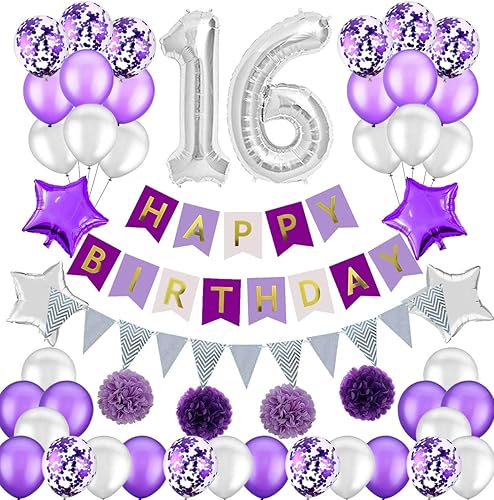 Colorpartyland - Juego de decoraciones de cumpleaños de color morado y plateado, diseño de globos de látex y confeti con número enorme de 16 globos