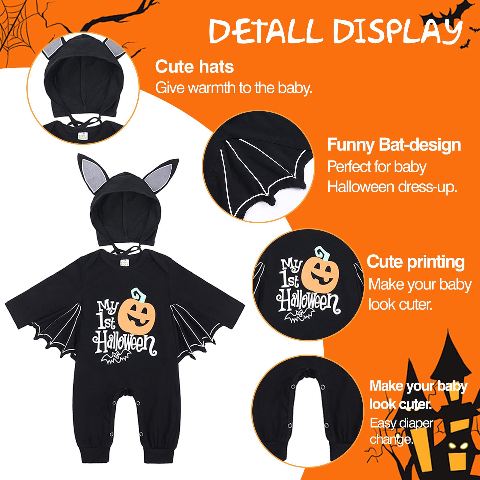 Costume Pipistrello Neonato, Costume Halloween Neonato, Vestito Halloween Neonatos, Vestito Halloweens Neonati, Pagliaccetto Neonati Halloweens, Costumes Scheletro Neonatos 0-18 Mesi