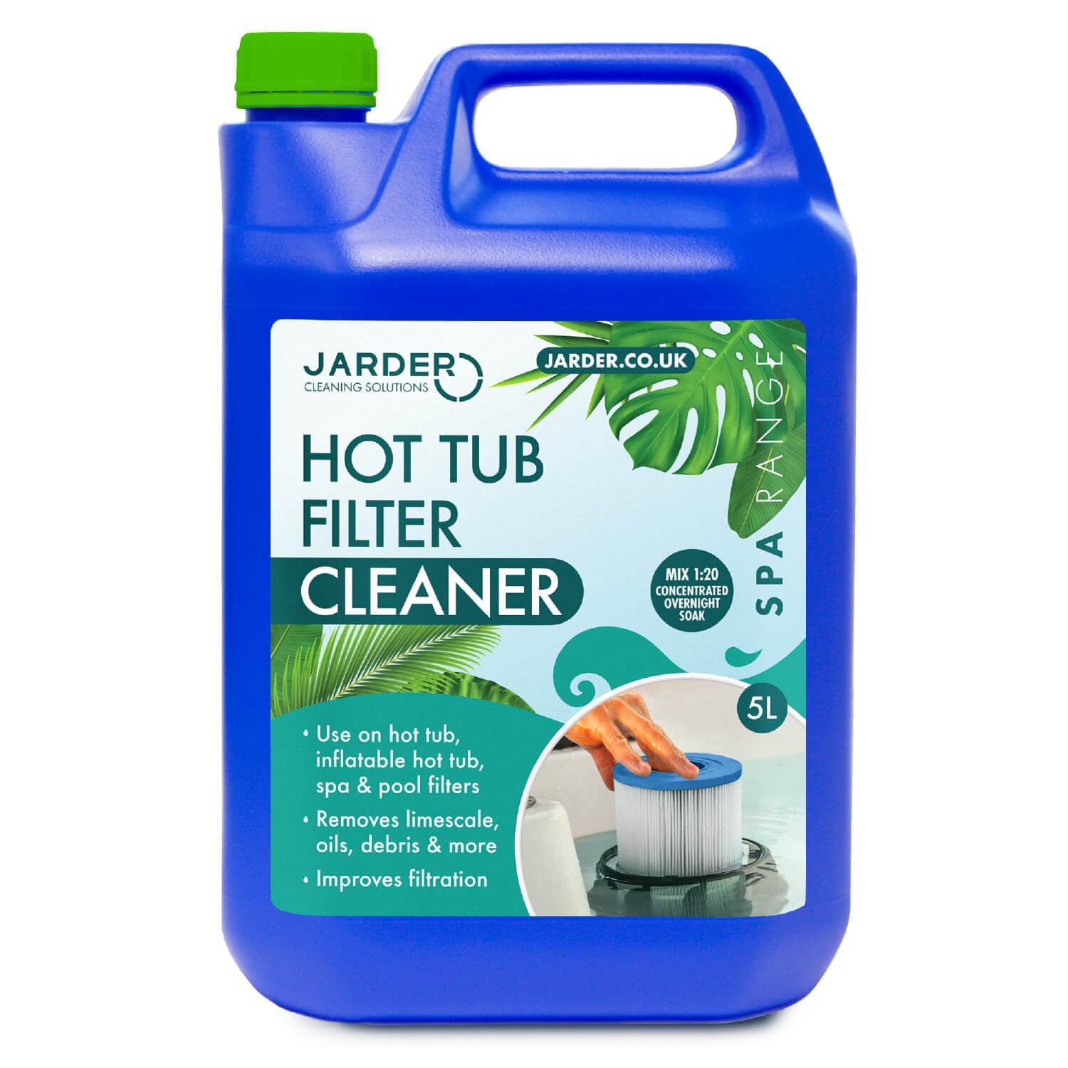 Jarder Hot Tub Filter Cleaner 5L - Improves Filtration and Performance - Overnight Soak - 10 Uses per Bottle - Suitable for Pool Filters