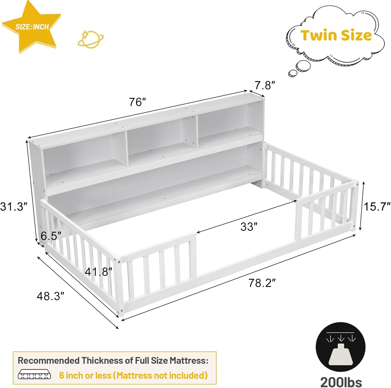 Twin Size Floor Bed with Rails, Wood Montessori Floor Bed with Bookcase and Shelves, Kids Twin Bed Frame for Boys,Girls, White