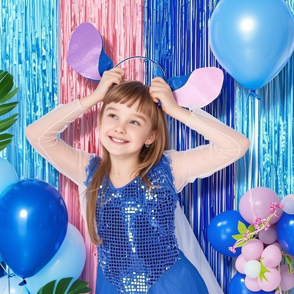 Cartoon Birthday Decorations, 2 Pack Luau Party Photo Booth Props, Blue Pink Fringe Curtains Tinsel Photo Streamers Backdrop for Cartoon Birthday Party Supplies