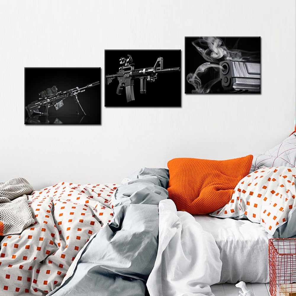 KREATIVE ARTS Painting Sniper and Rifle Gun Black and White Military Pictures Canvas Wall Art, 12" x 16", Multicolor, 3 Piece