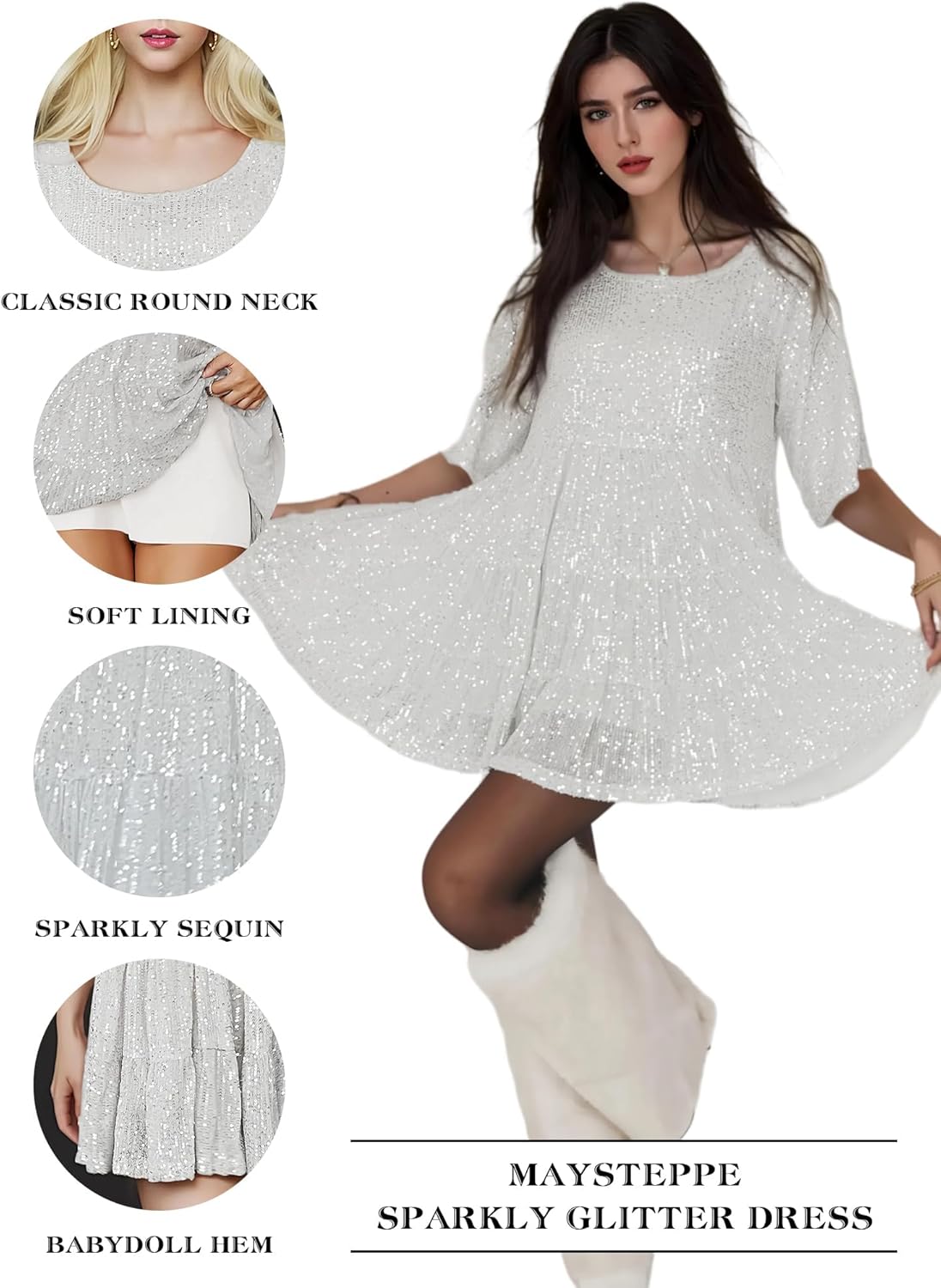 MAYSTEPPE Sparkly Glitter Dress, Sequin Babydoll Summer Dress Short Flowy Tiered Tunic Dress for Women Party Club Night - Image 5