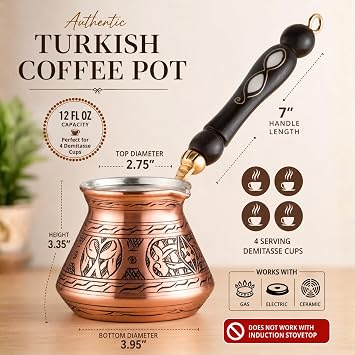 BCS 12 oz Handmade Copper Turkish Coffee Pot, Hand-Engraved Cezve & Spoon | Greek/Arabic Coffee Maker Briki/ibrik | Made in Turkey | Tin Lined | Gas & Electric Stovetops; Not Induction | Wooden Spoon