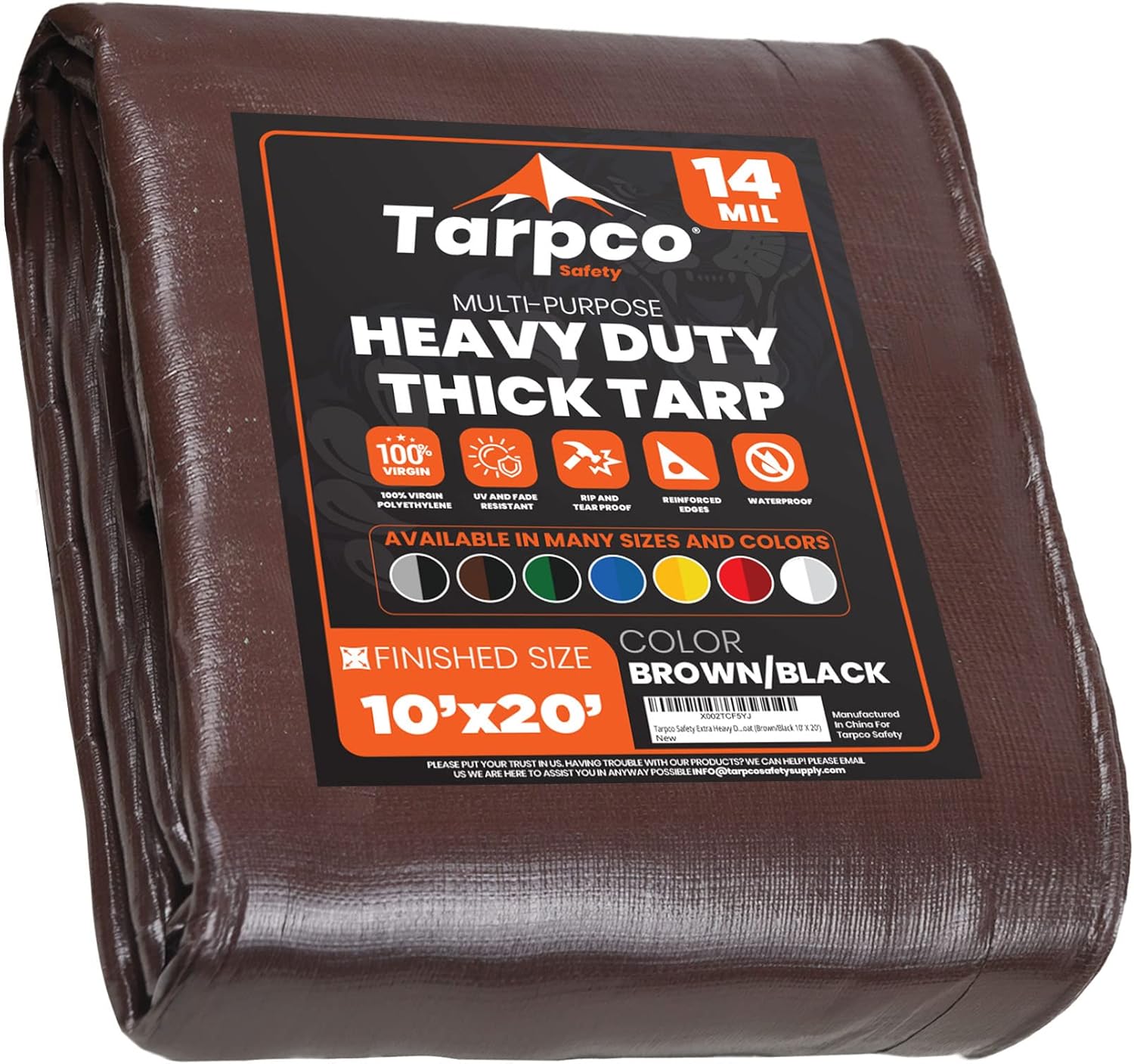 Tarpco Safety Extra Heavy Duty 14 Mil Tarp Cover, Waterproof, UV Resistant, Rip and Tear Proof, Poly Tarpaulin with Reinforced Edges for Roof, Camping, Patio, Pool, Boat (Brown/Black 10 X 20)