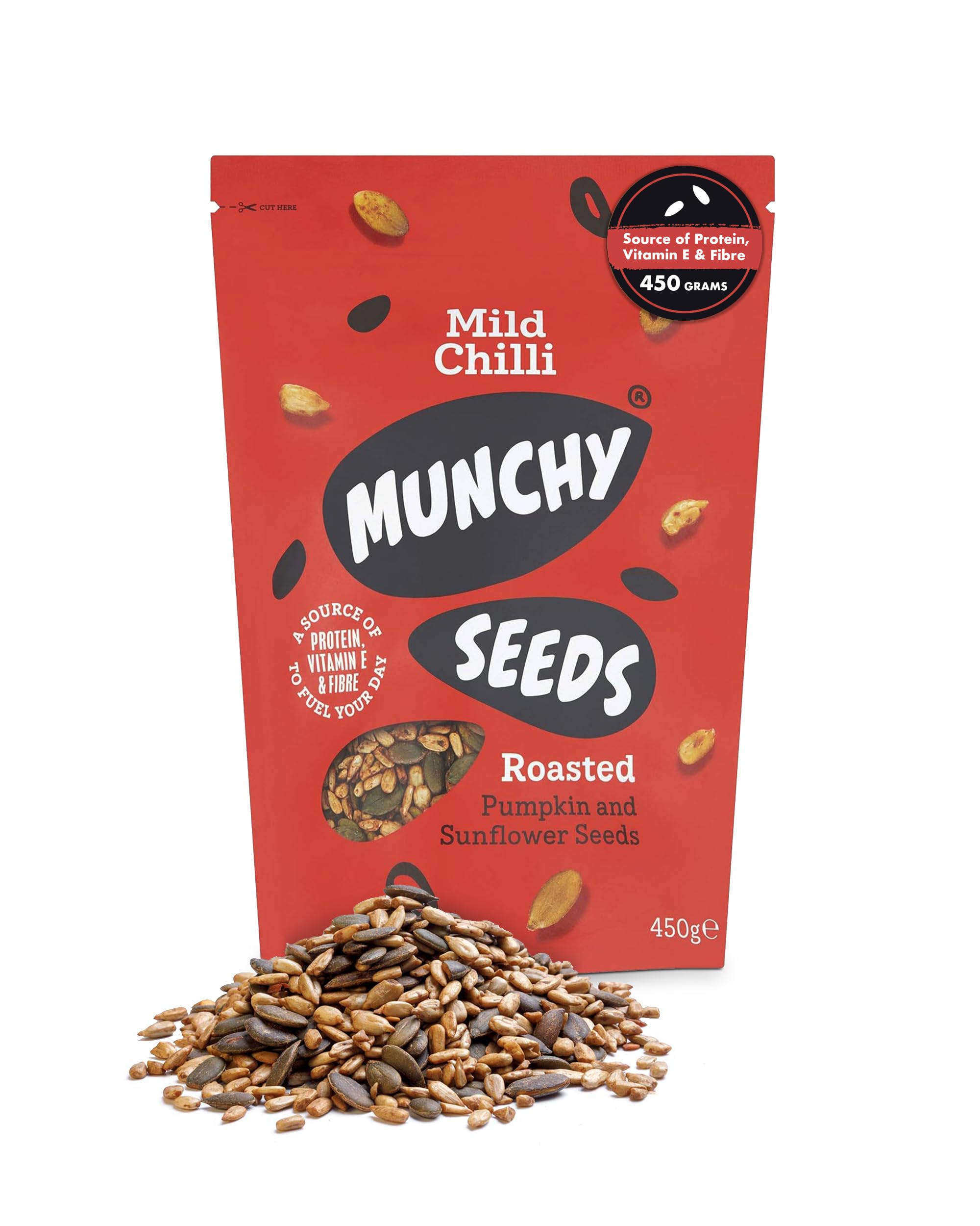 MUNCHY SEEDS Mild Chilli Sunflower, Pumpkin, Protein Snack, Seed Mix for Eating, Plant-Based Source of Protein, Fibre & Vitamin E, Mildly Spicy Flavour, Vegan Snacks for Kids & Adults - 450g