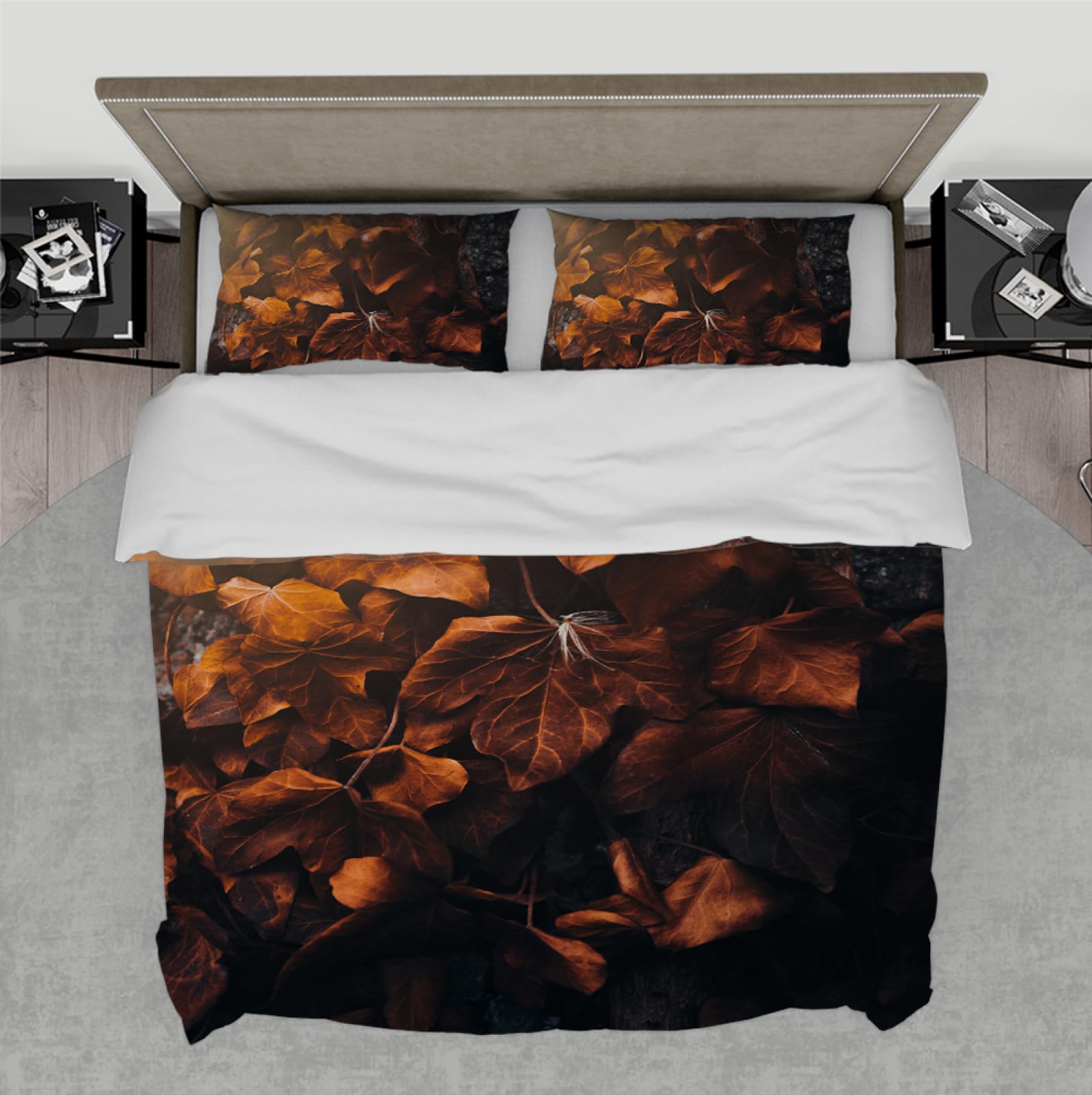 Housse de couette feuille couleur caramel grand lit 260x220cm avec zip