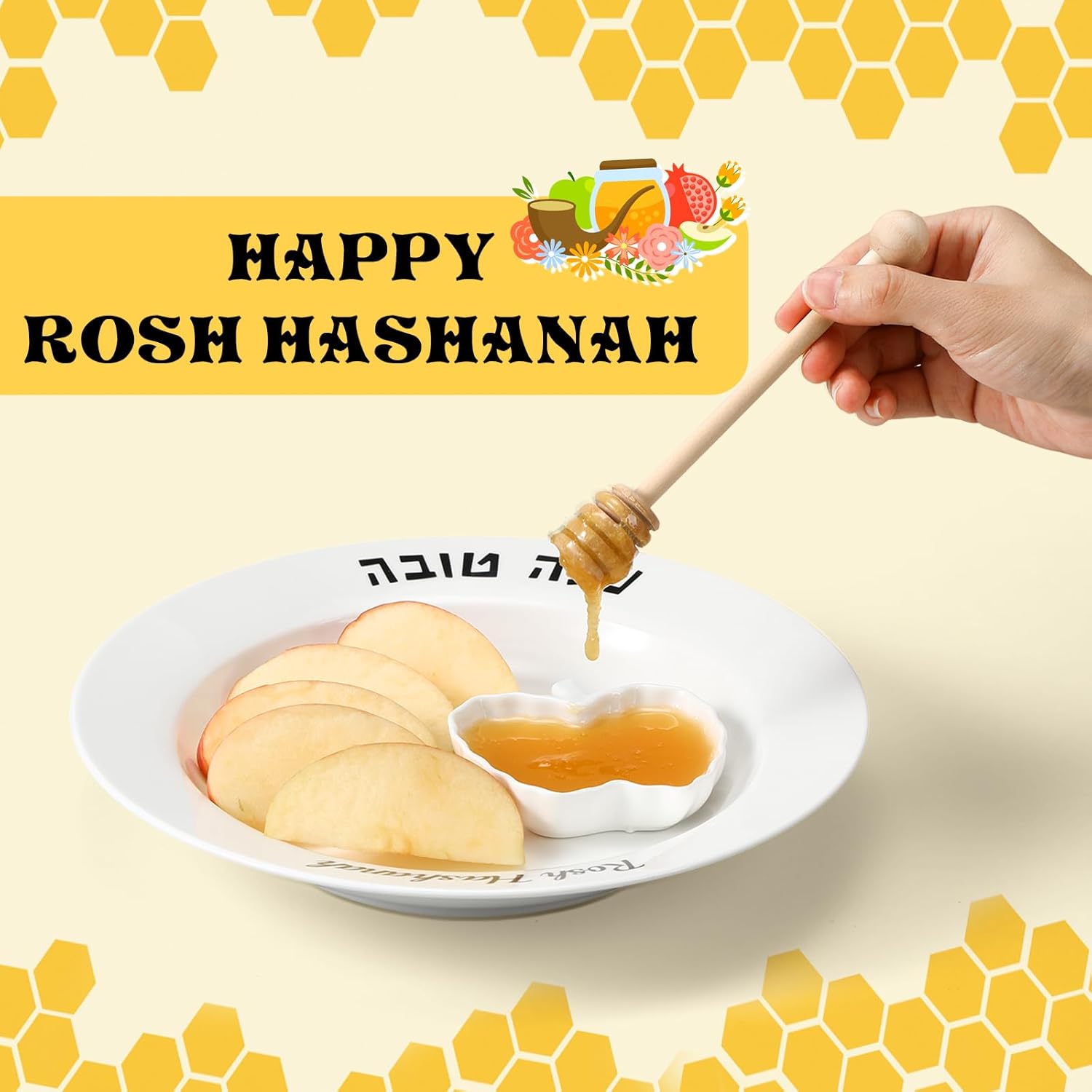 Teenyyou 10 Inch Rosh Hashanah Apple and Honey Plate and Dish Jewish New Year Hostess Party Favors Ceramic Apple Plate Wooden Honey Dipper Rosh Hashanah Holiday Gift Shana Tova Table Decorations