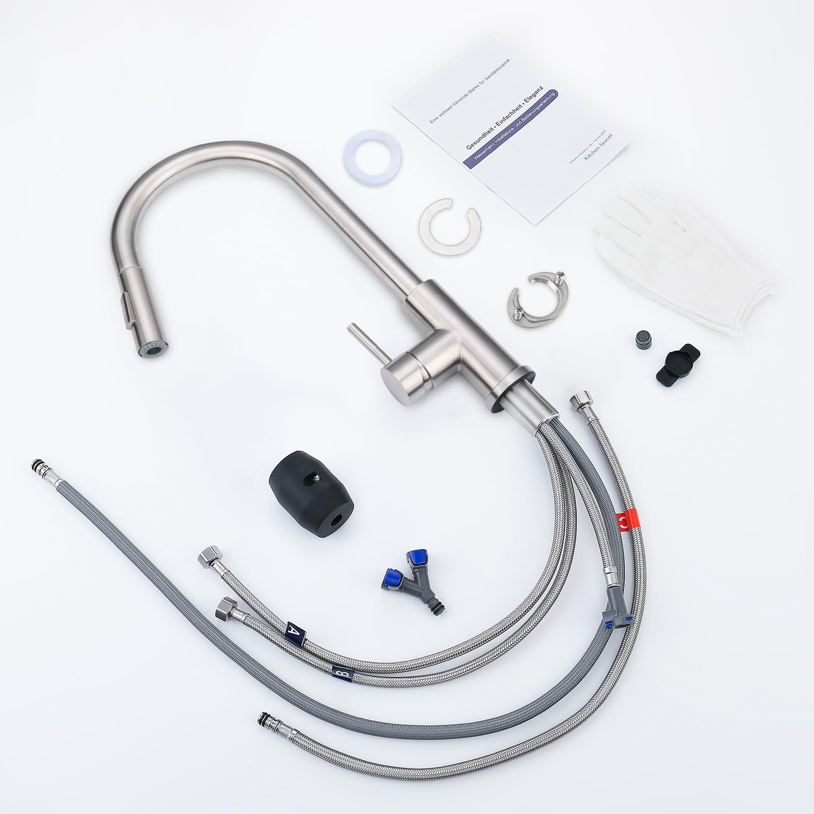 BONADE Niederdruck Armatur Küche, 360° Drehung Wasserhahn Küche mit Ausziehbare Brause, Küchenarmatur mit 3 Anschlüsse, Zwei Wasserstrahlarten Armatur Küche, Mischbatterie Küche für Boiler Gebürst