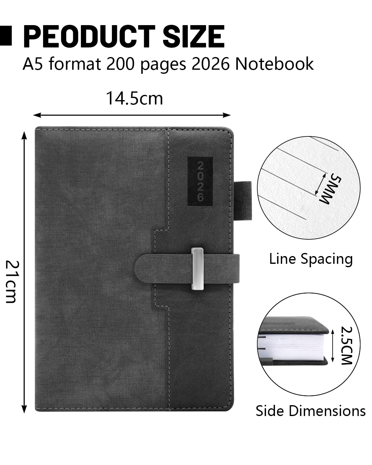 HW CASA Agenda Giornaliera 2026 A5（Gen.-Dic.2026）- con Festività Multilingue (DE/IT/ES/EN/FR), Chiusura con Elastico PU+CARTA, Riepilogo Mensile | Gennaio-Dicembre