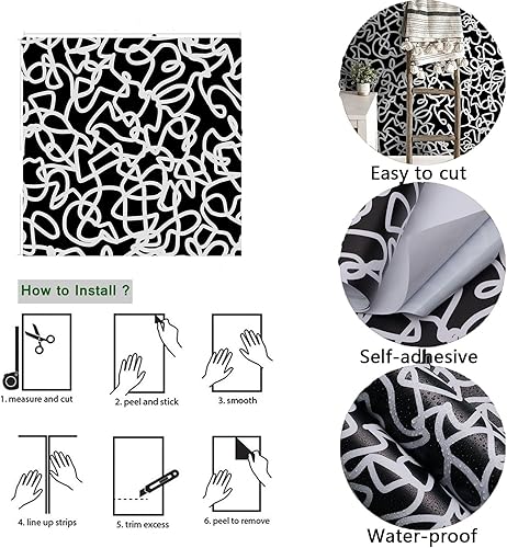 Miniatura 2 de Ismoon Papel tapiz único en blanco y negro para despegar y pegar de 16.1 x 197 pulgadas, papel tapiz de garabatos moderno, papel adhesivo negro