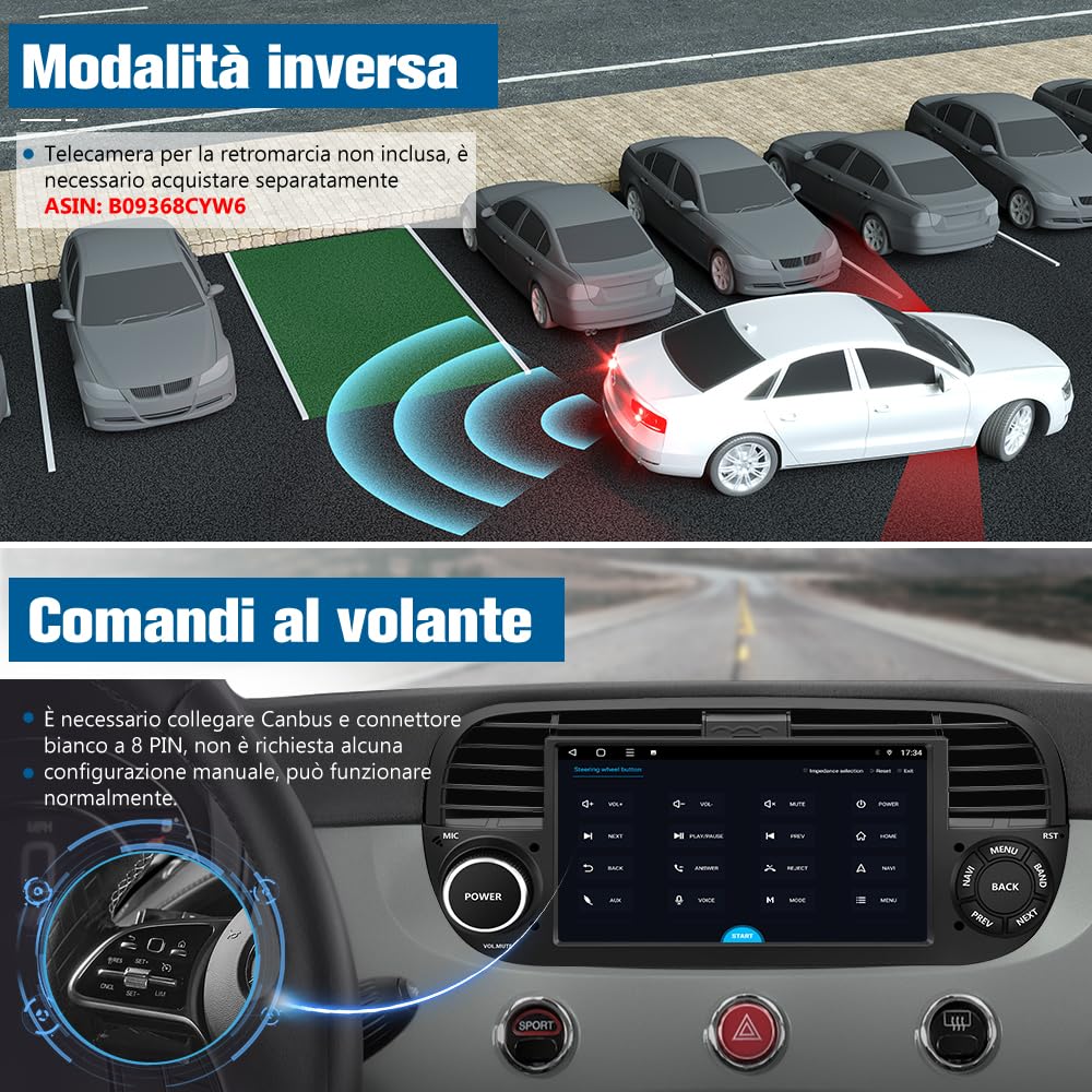 AWESAFE Android 13 Autoradio per FIAT 500 (2007-2015) lo stereo 7 pollici 1 din (4GB＋64GB) Supporto CarPlay Android Auto GPS WIFI Bluetooth MirrorLink (Nero)