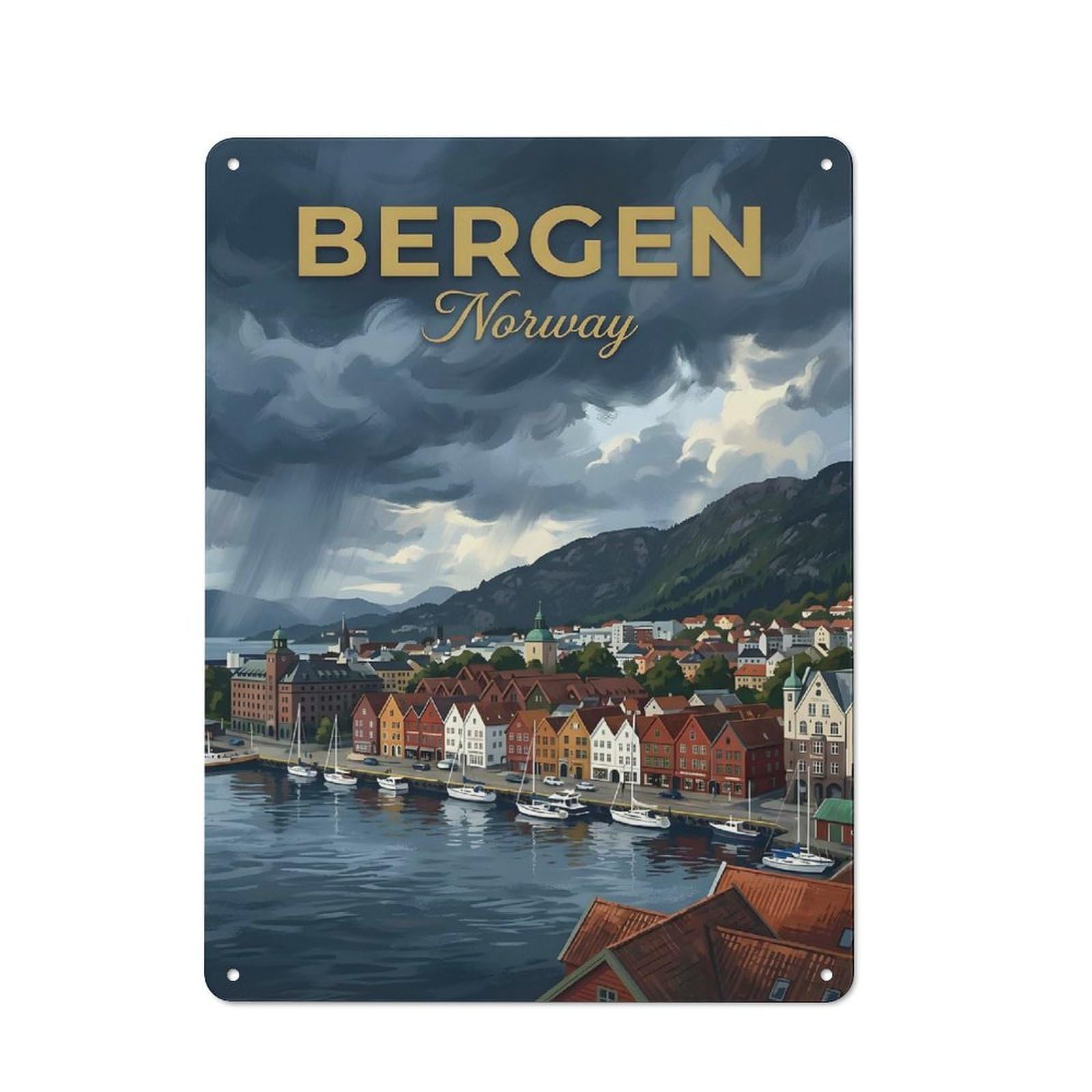 Junmoney Style-12 Tin Wall Plaque 40X30cm With Bergen Norway Vintage For Home Office Or Studio, New Home Wall Decor For Home Office Decor Fans
