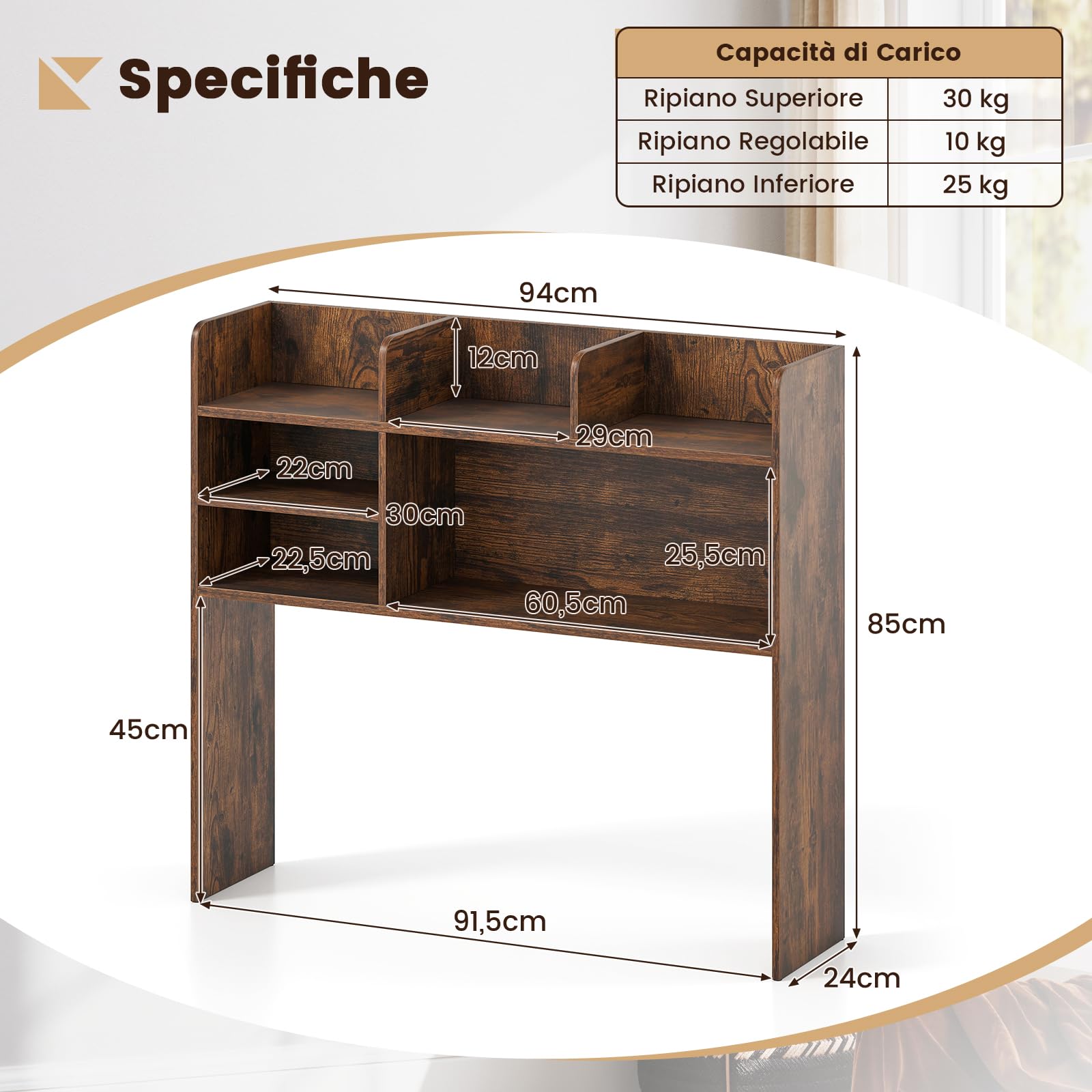 RELAX4LIFE Libreria da Scrivania con 6 Scomparti in Legno, Scaffale da Scrivania per Monitor, Organizzatore Aperto per Dormitorio Ufficio Studio, 94 x 24 x 85 cm (Industriale)