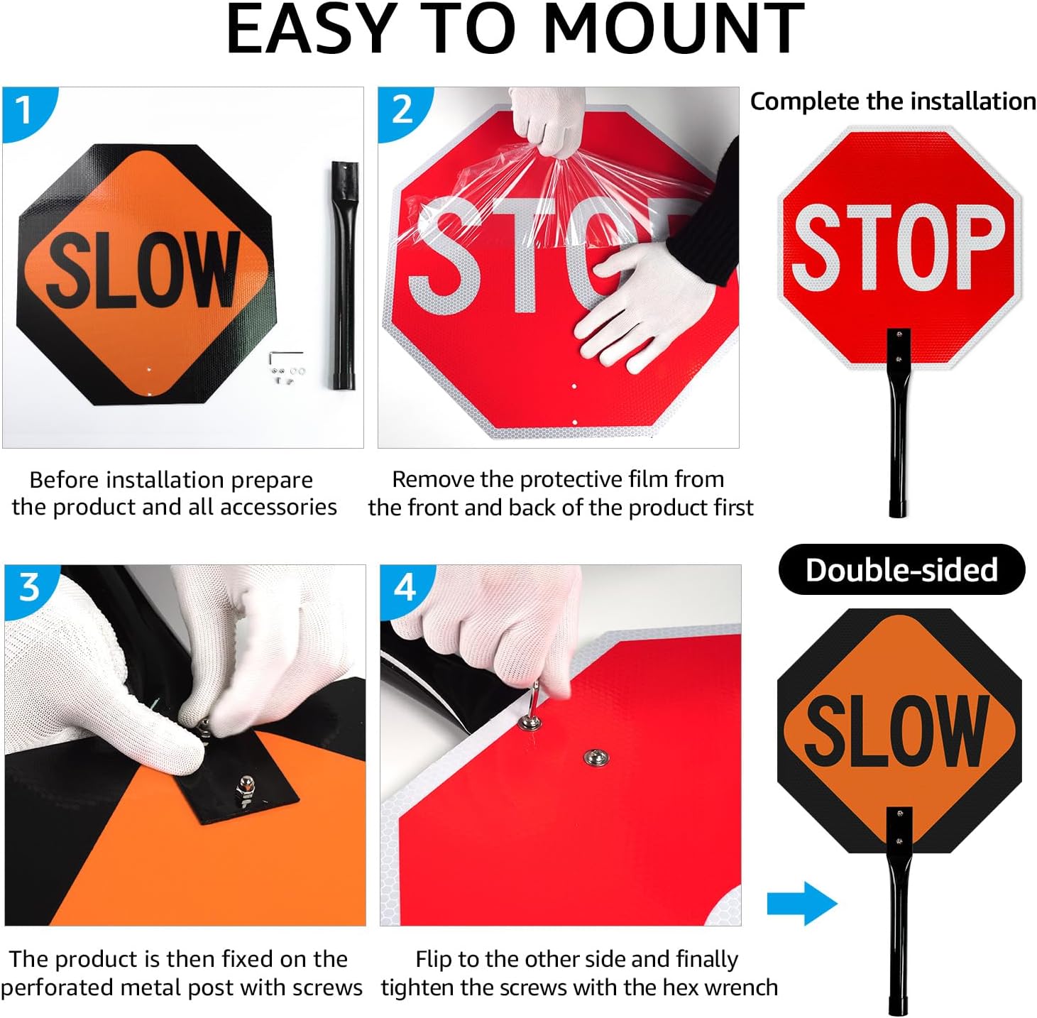 GicnKeuz 1 Pack Stop Slow Sign with Metal Handle, 18x18 inches Double Sided Slow/Stop sign, Traffic Reflective Aluminum Sign, Fade Resistant/Waterproof, Easy to Mount (Red & Orange)