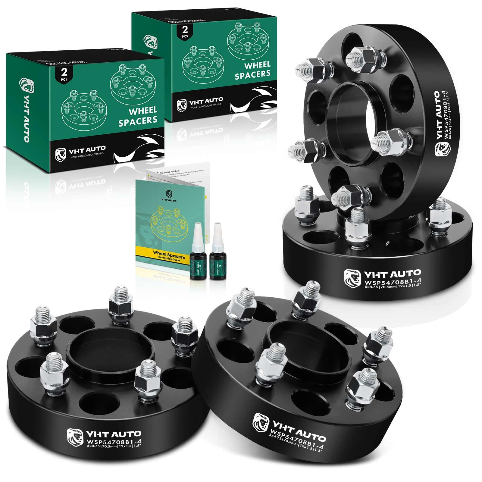 YHTAUTO 5x4.75 Hub Centric Wheel Spacers 1.5 Inch Compatible with Chevrolet, GMC, Buick, Cadillac, Pontiac Models, Camaro, Jimmy Tire Spacers w/ M12x1.5 70.5mm Hub Bore 5 Lug 4PCS Black Wheel Adapter