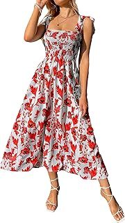 Women's Floral Print Tie Strap Square Neck Ruffle Boho Maxi Dress - Buy now