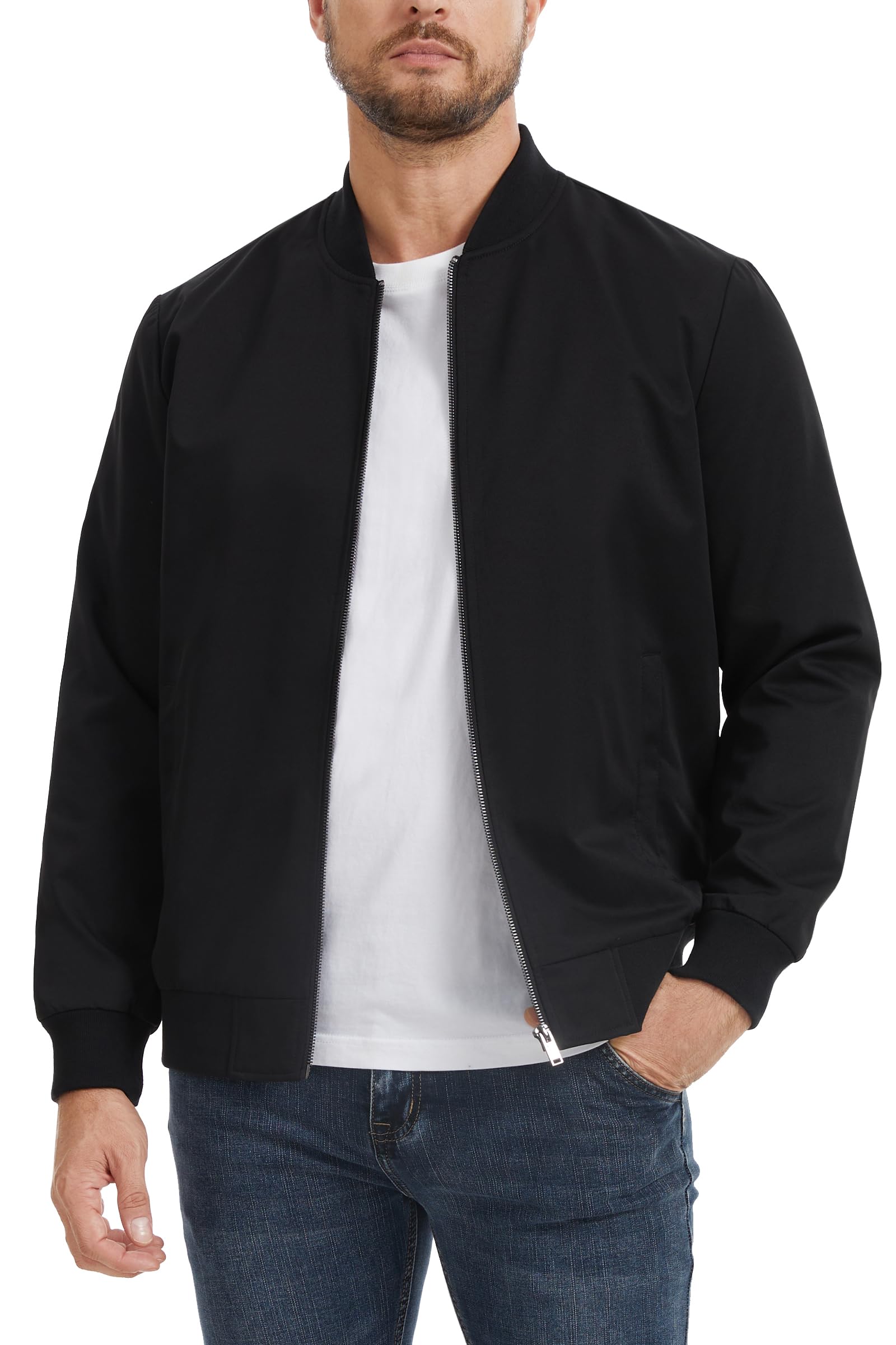 Lightweight Bomber Jacket Black Men Water-Resistant Golf Zip Up