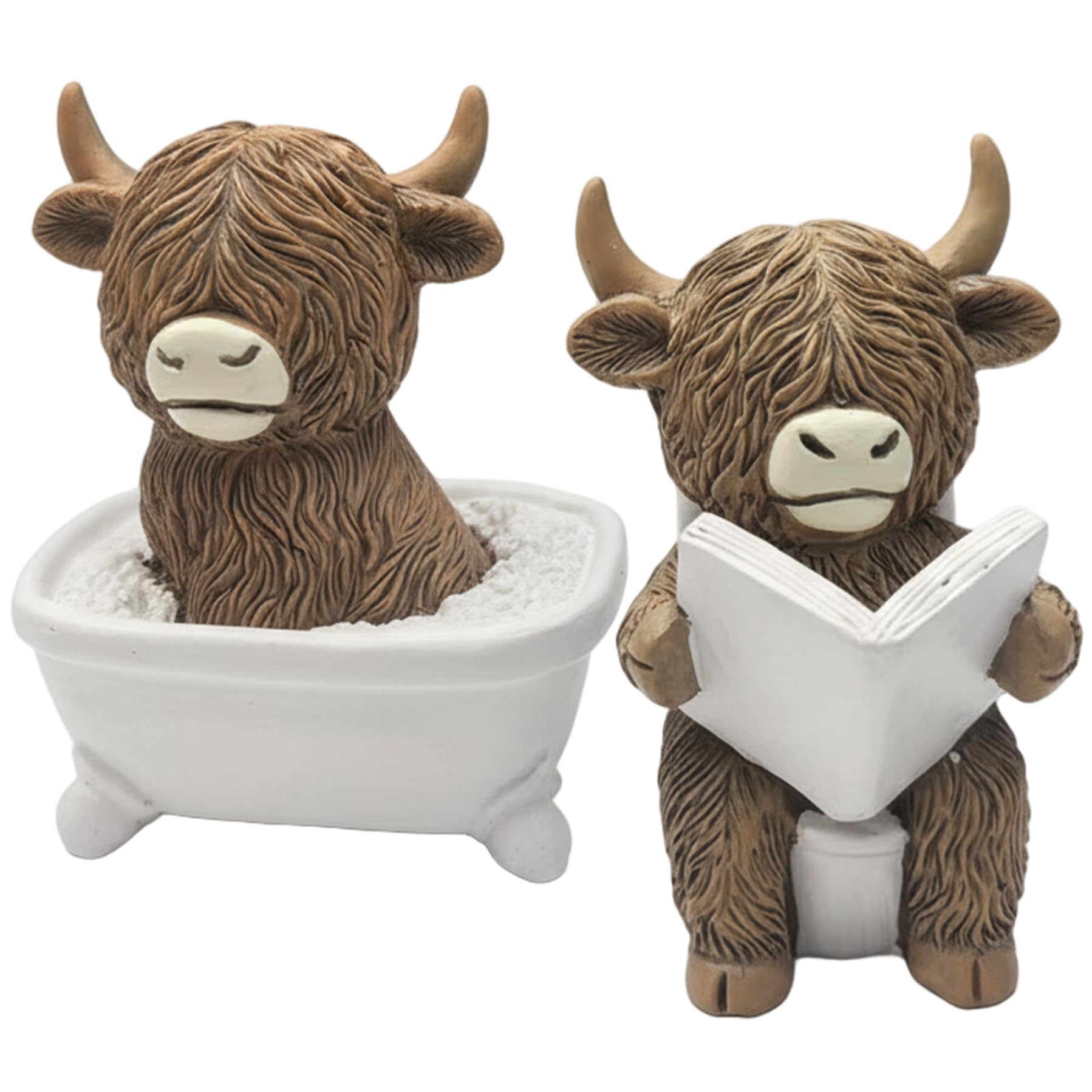 Wilafury Women's 2Pcs Highland Cow Ornaments, Cute Soaking Bath ＆ Reading In Toilet Highland Cow Figurine Resin Bathroom Ornaments For Home Table Decor