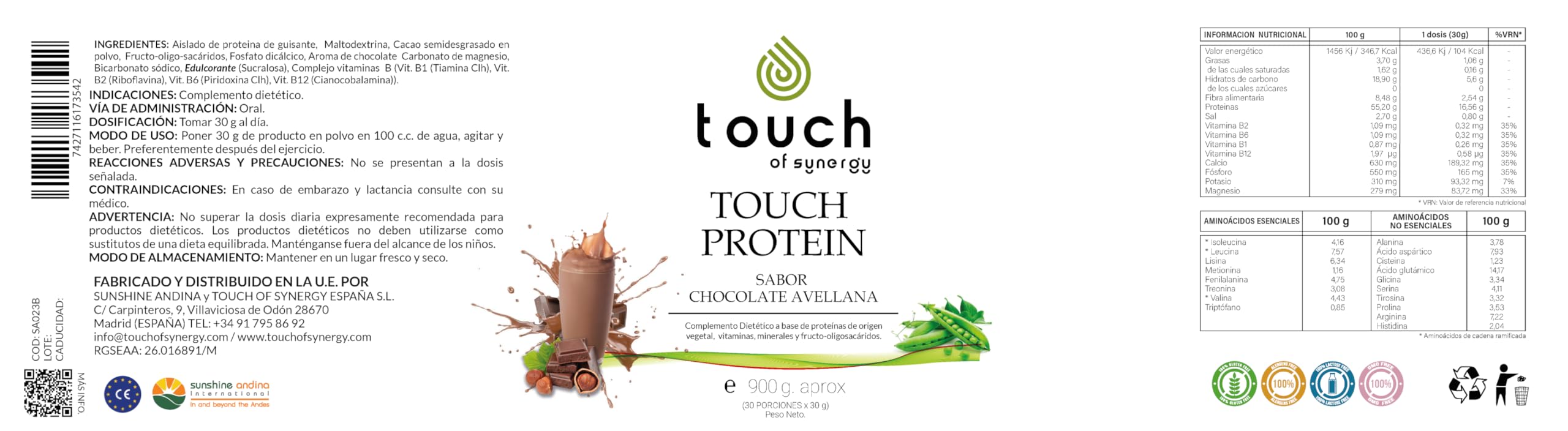 ZENDAFIT - Touch Protein - Proteína Vegana en Polvo - 900g - Sabor chocolate avellana - Aumenta la Masa Muscular, Mejora la Recuperación y Fortalece el Sistema Inmune
