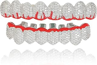 18K Vergoldetes Iced Out Red Drip Grillz-Set – Zahn-Grillz Mit Kubischen Zirkonen, Hip-Hop-Mundschmuck für Parties, Streetwear Cosplay(Silver,Set)