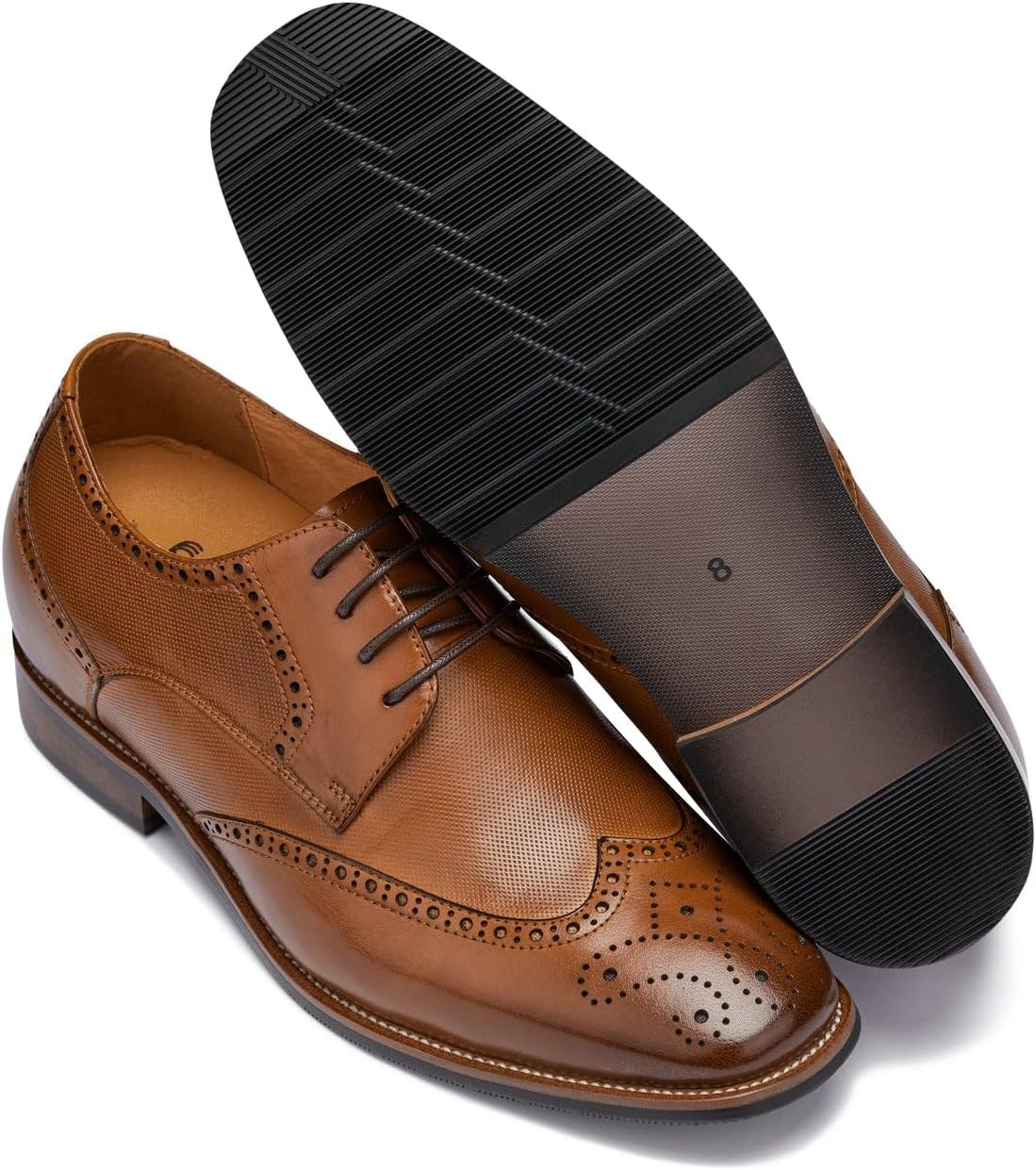 CALTO Men's Invisible Height Increasing Elevator Shoes - Brown Premium Leather Wing-tip Lace-up Formal Oxfords - 3 Inches Taller - Y10652 - Size 9 D(M) US - Image 7