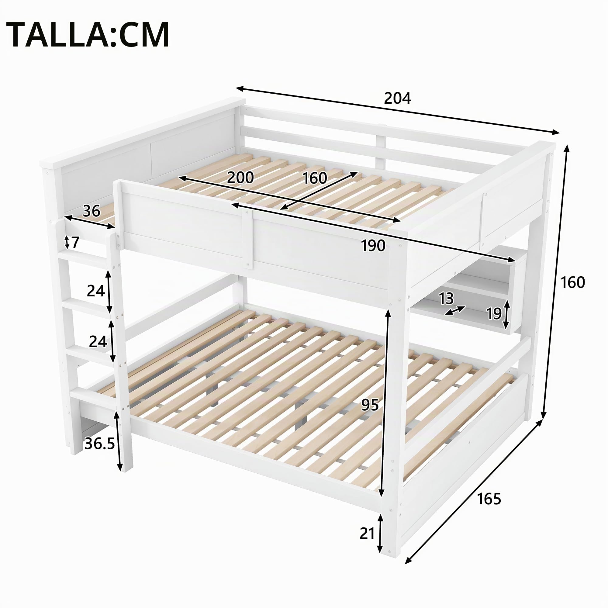 Litera de 160 x 200 cm, con armarios de almacenamiento y luz LED, cuna de pino con barandillas de seguridad y mucho espacio de almacenamiento, cama para habitación infantil, sin colchón