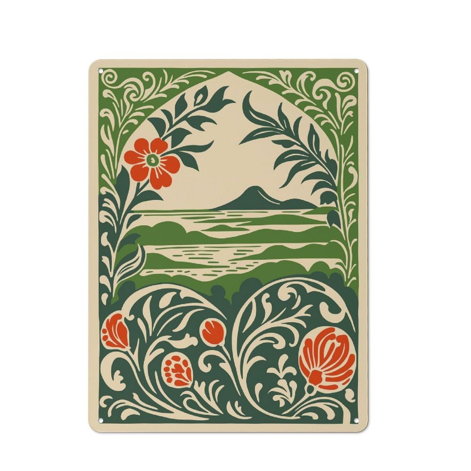 Junmoney Style-9 Tin Wall Plaque 40X30cm With Floral Landscape Art Nouveau Illustration For Home Office Or Studio, For Garage, Workshop And Man Cave Decoration