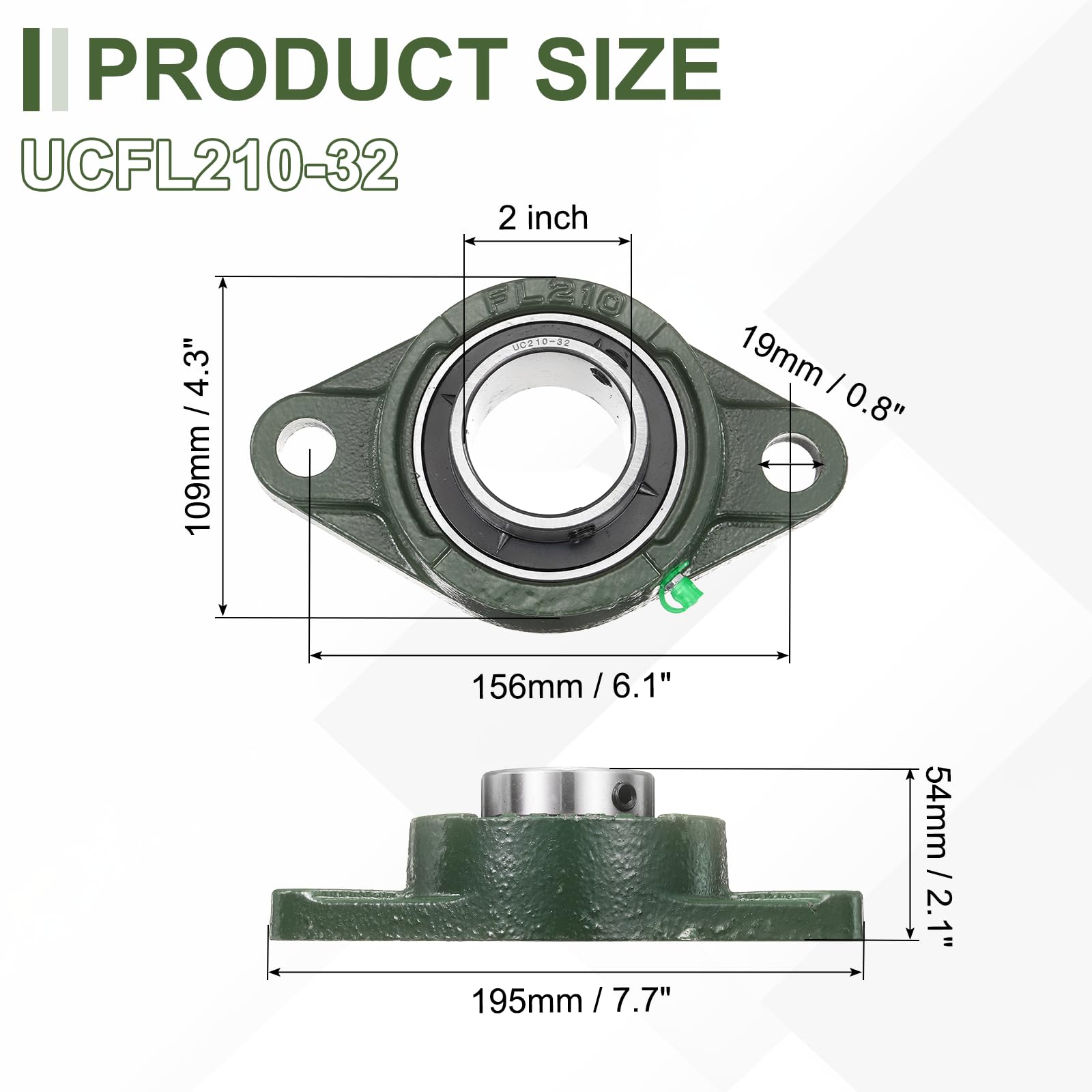 sourcing map UCFL210-32 Cuscinetti a blocchetto di cuscino, autoallineamento con foro da 5,1 cm, base in ghisa solida, cuscinetto a sfera con flangia in acciaio cromato, (ABEC3)