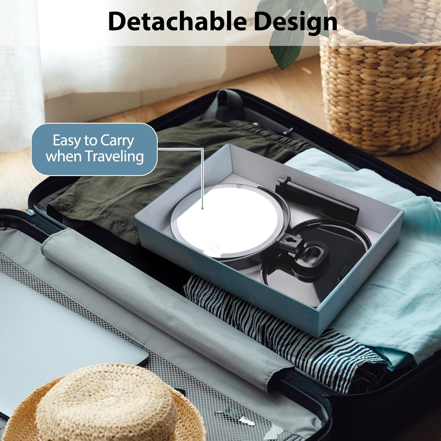 8" Lighted Makeup Mirror with Magnification, 1X/10X Magnifying Double Sided Mirror, 360° Swivel Standing Vanity Mirror with 3 Color Lights, Black (1 pcs)