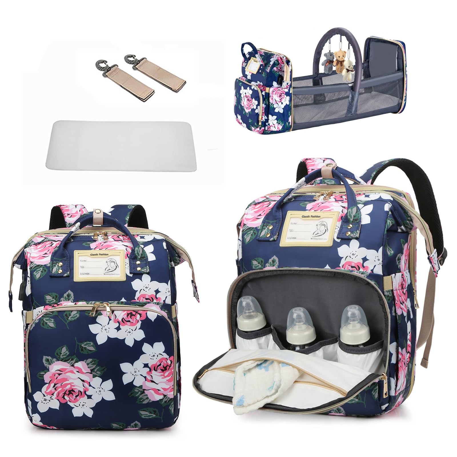 Diaper Bag Backpack with Changing Station, Foldable for Bady Toddler, 3 in 1 Large Capacity Newborn Essentials Organizer with Stroller Hook for Girls and Boys（Blue）