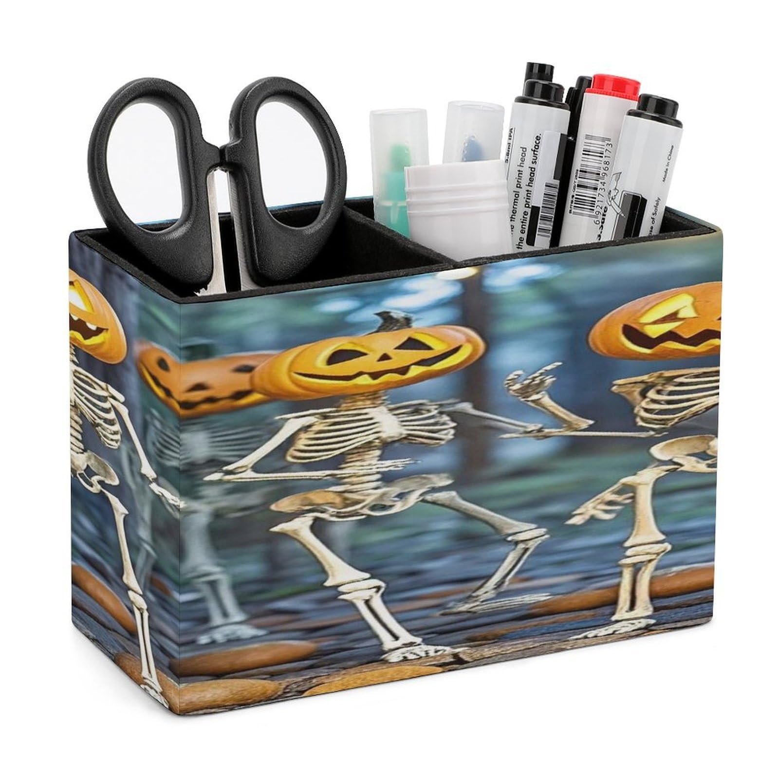 LZQPOEAS Pumpkin Skeleton Dancing Leather Pen Holder with 2 Compartments Luxury Pencil Holder Minimalist Pencil Cup Brush Scissor Holders Elegant Pen Cup for Office Home Desk Accessories