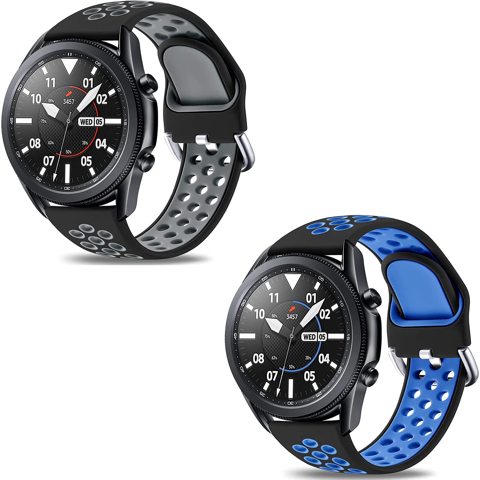 EasunySport Band Compatible for Samsung Galaxy Watch 3 45mm/Galaxy Watch 46mm /Samsung Gear S3 Frontier, 22mm Quick Release Silicone Breathable Watch Strap, Black/Gray & Black/Blue Large